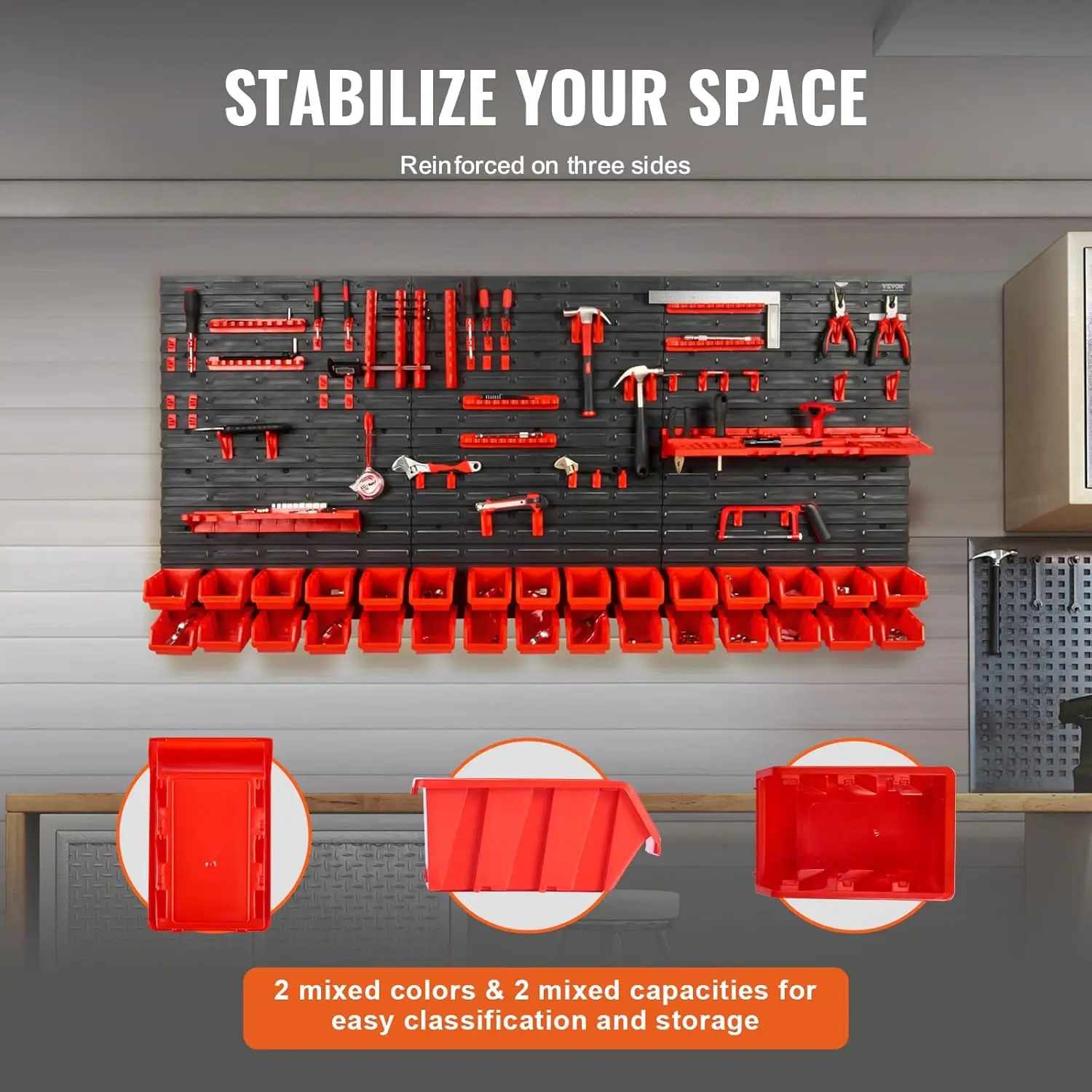 Wall Mounted Storage Rack System, 30-Bin Parts Rack Organizer with Wall Panels/Tool Holders/Hooks