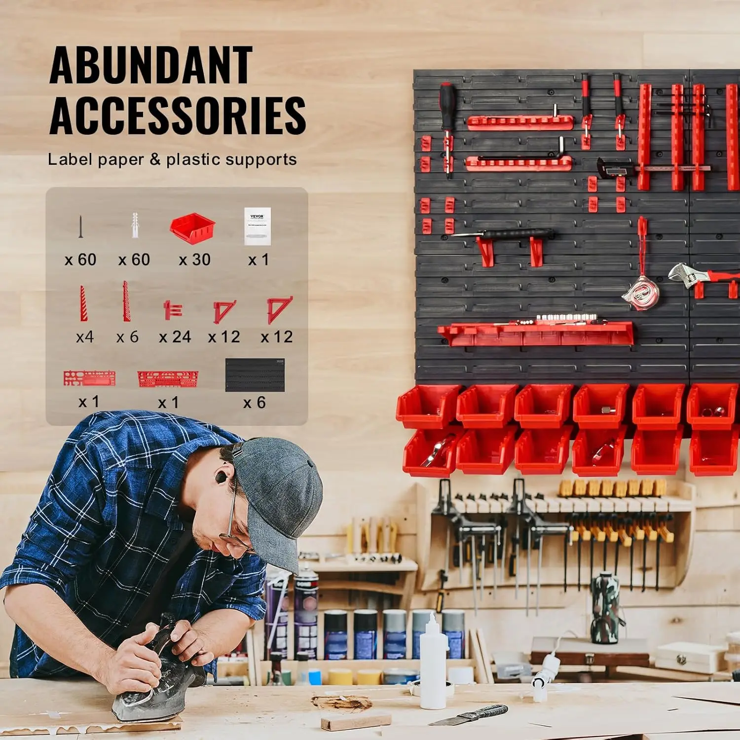 Wall Mounted Storage Rack System, 30-Bin Parts Rack Organizer with Wall Panels/Tool Holders/Hooks