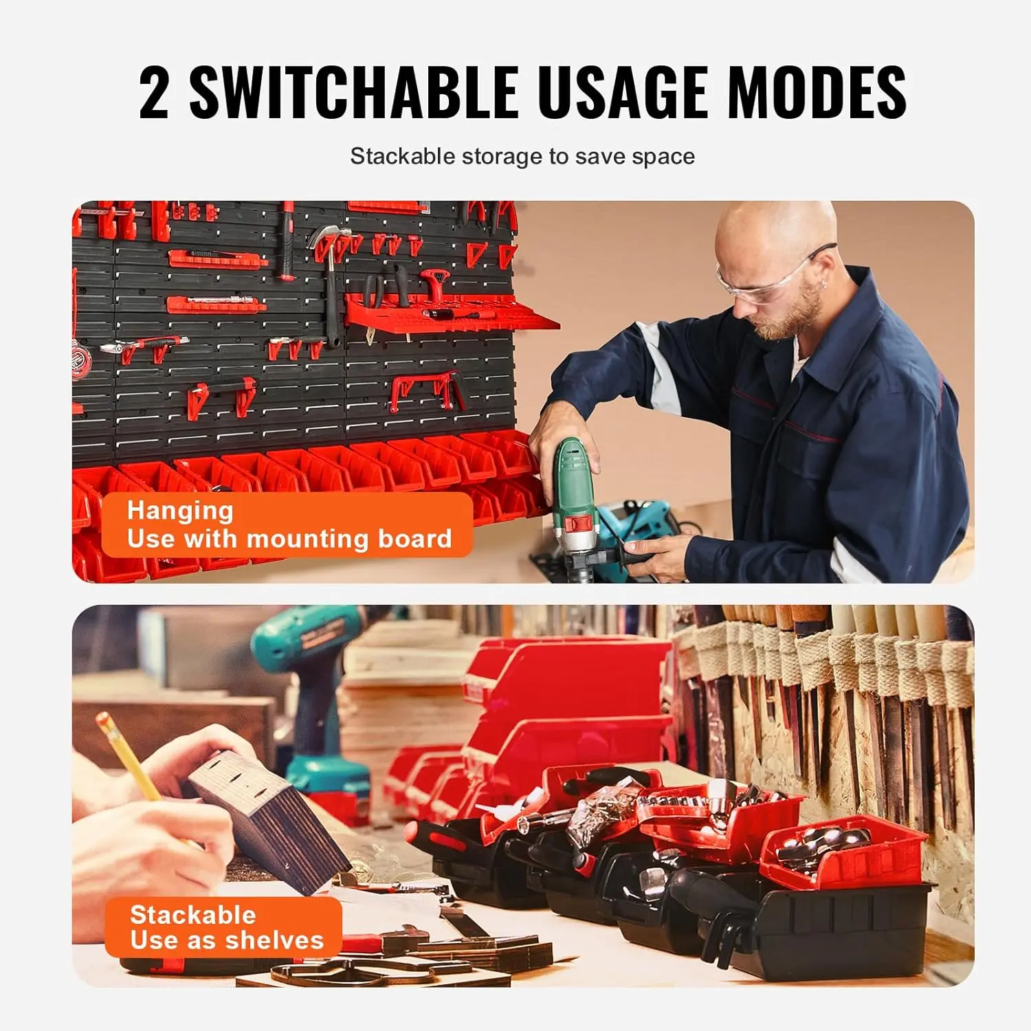 Wall Mounted Storage Rack System, 30-Bin Parts Rack Organizer with Wall Panels/Tool Holders/Hooks