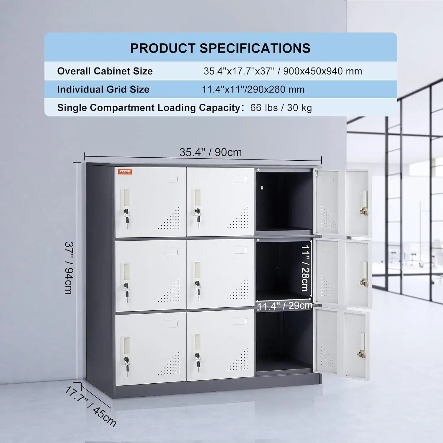 Metal Locker for Employees, 9 Doors Storage Cabinet with Card Slot, Gray Steel Employee Lockers with Keys