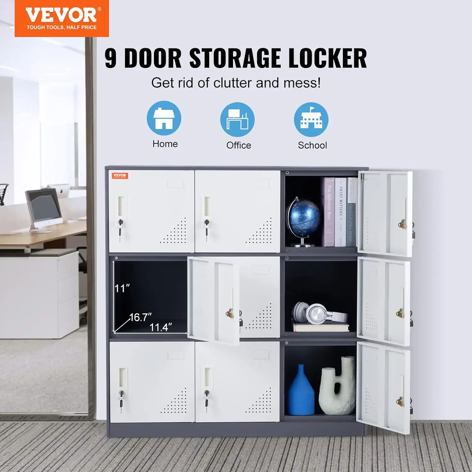 Metal Locker for Employees, 9 Doors Storage Cabinet with Card Slot, Gray Steel Employee Lockers with Keys