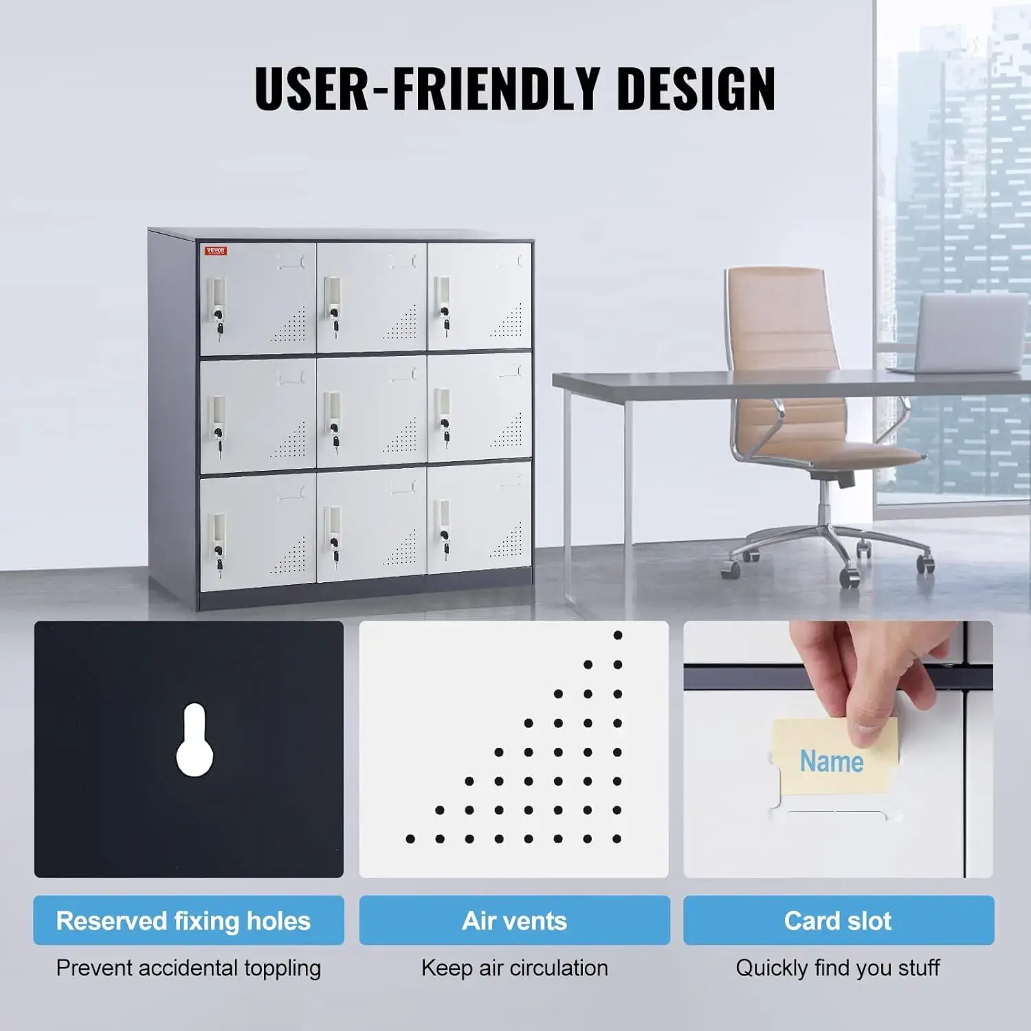 Metal Locker for Employees, 9 Doors Storage Cabinet with Card Slot, Gray Steel Employee Lockers with Keys