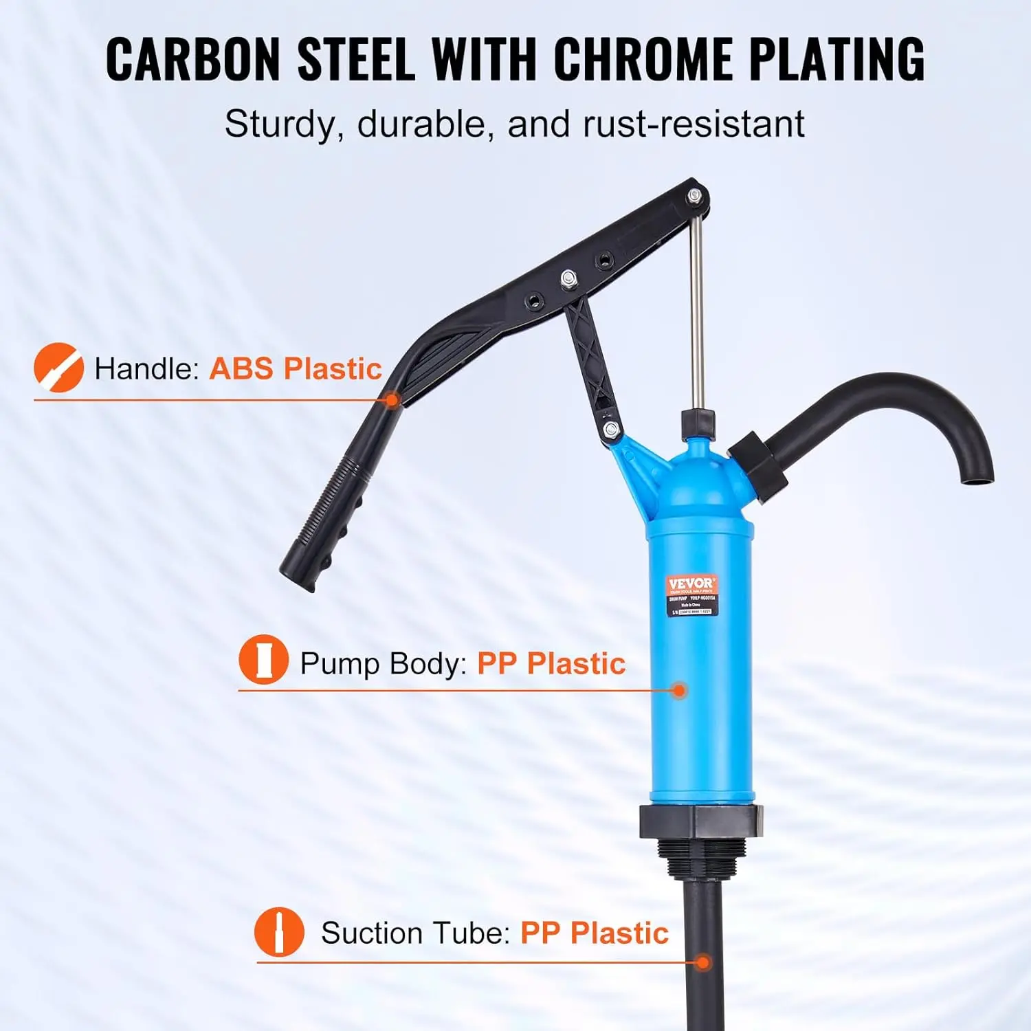 Drum Pump, 9.5 oz. Per Stroke, Lever-Action Barrel Pump, Fits 5-55 Gallon Drums with 3-Section Suction Tube Assembly & Hose