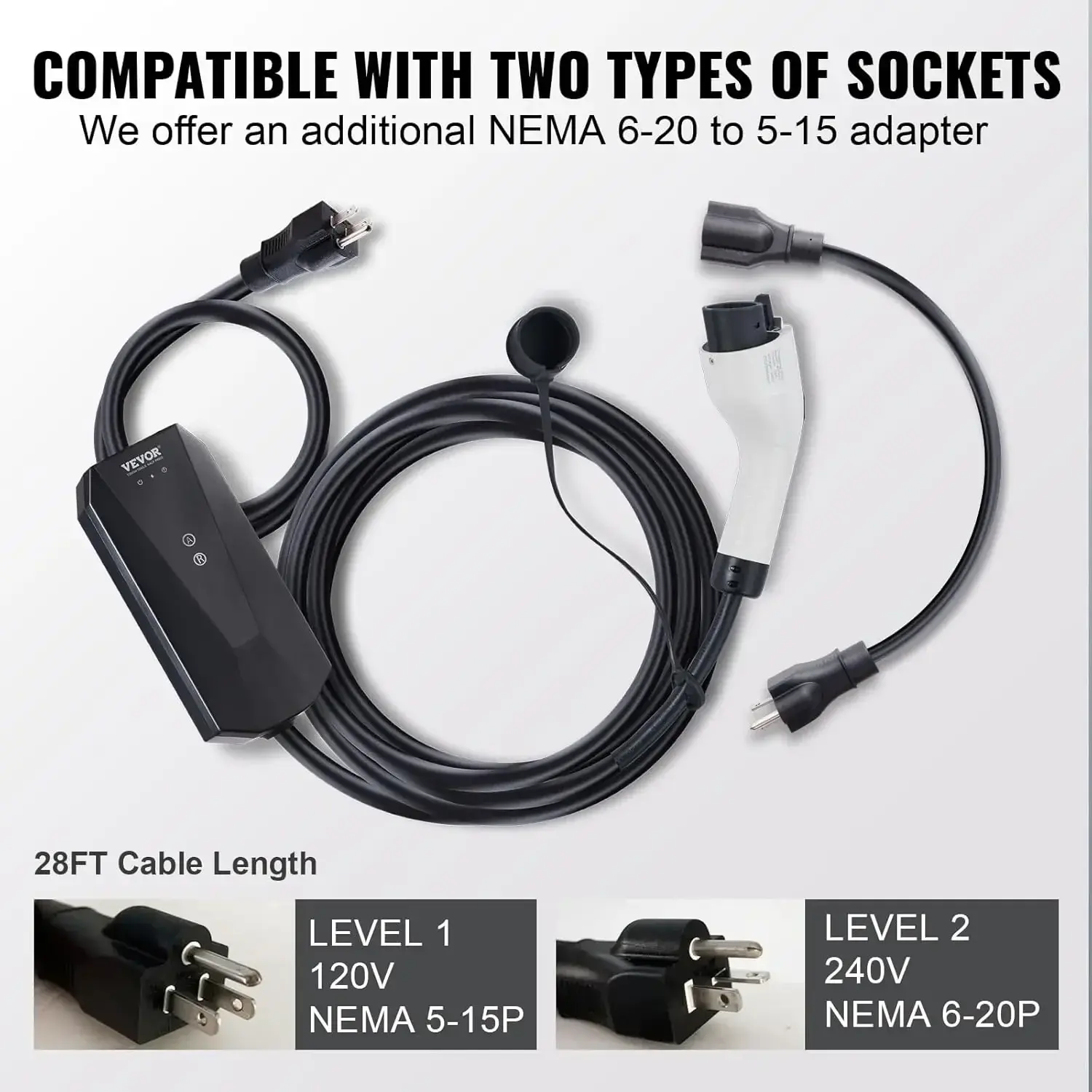Level 1+2 Portable EV Charger, 16 Amp 120V or 240V, Electric Vehicle Charger with 28-Foot Charging Cable NEMA 6-20P Plug