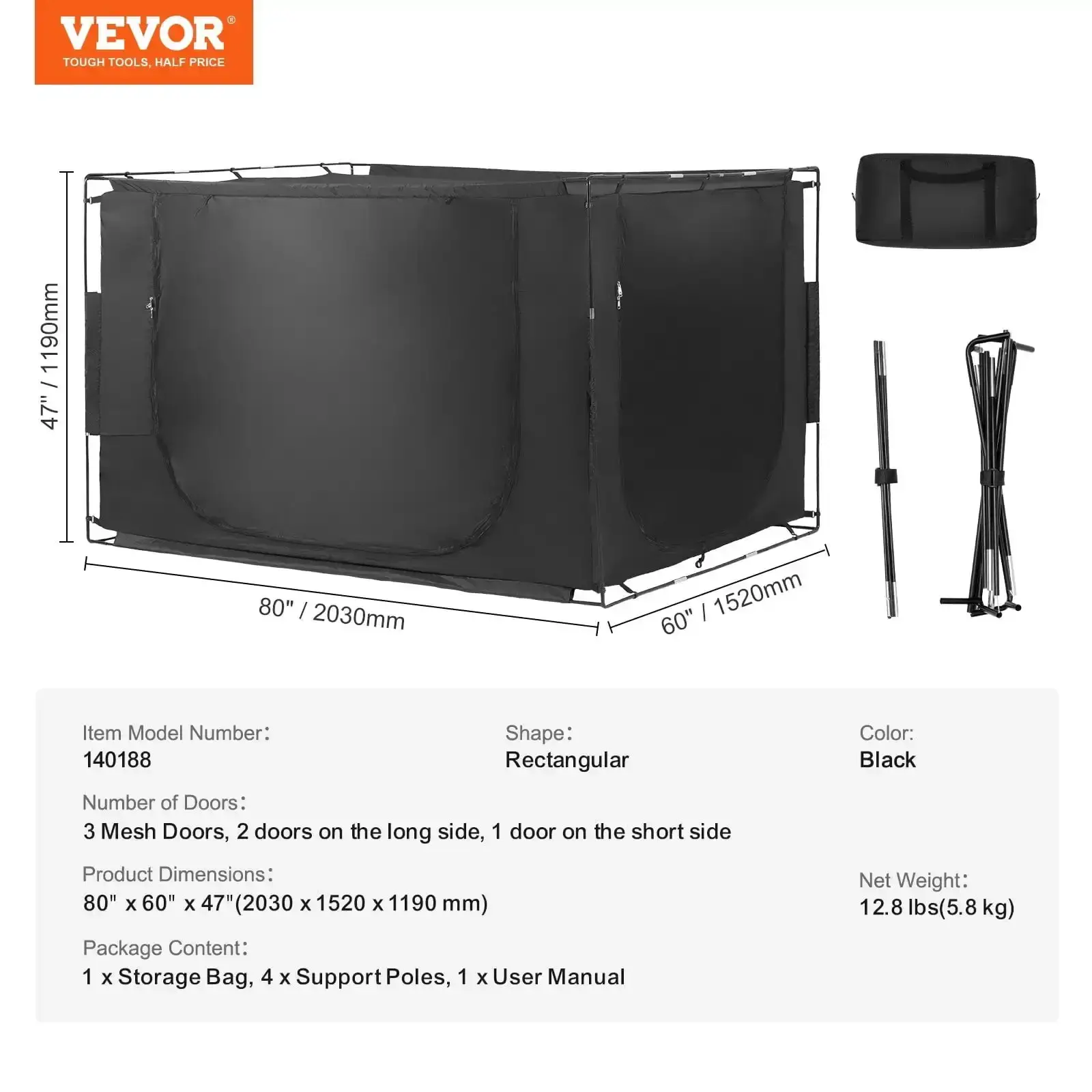 3 Doors Bed Tent Breathable Tent 70% Blackout with 0.43 in Fiber Poles
