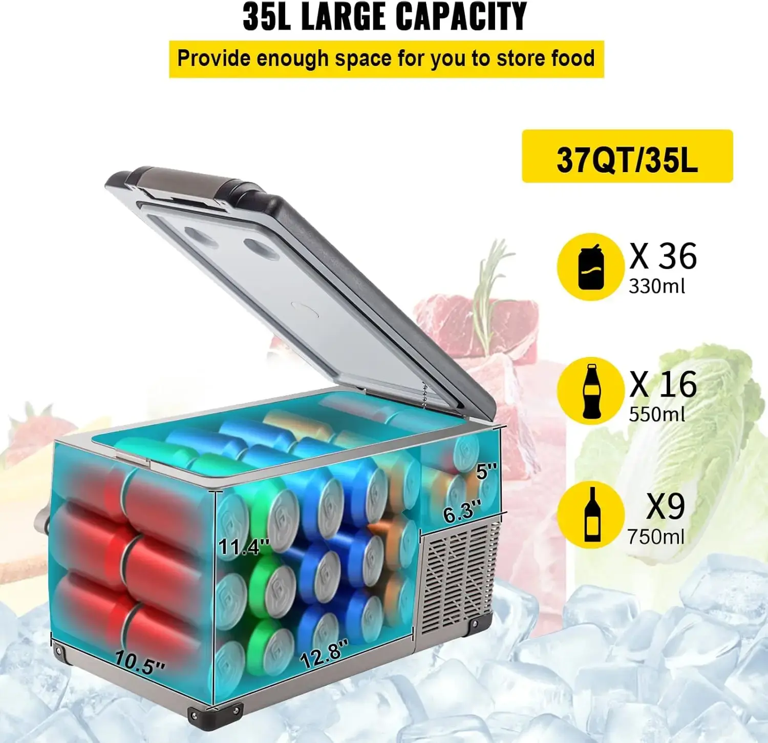 37 Qt(35L) Portable Refrigerator, 12/24V DC & 110-240V AC, 35L Capacity, Compressor Cooled, -468, Car Refrigerator for Camping