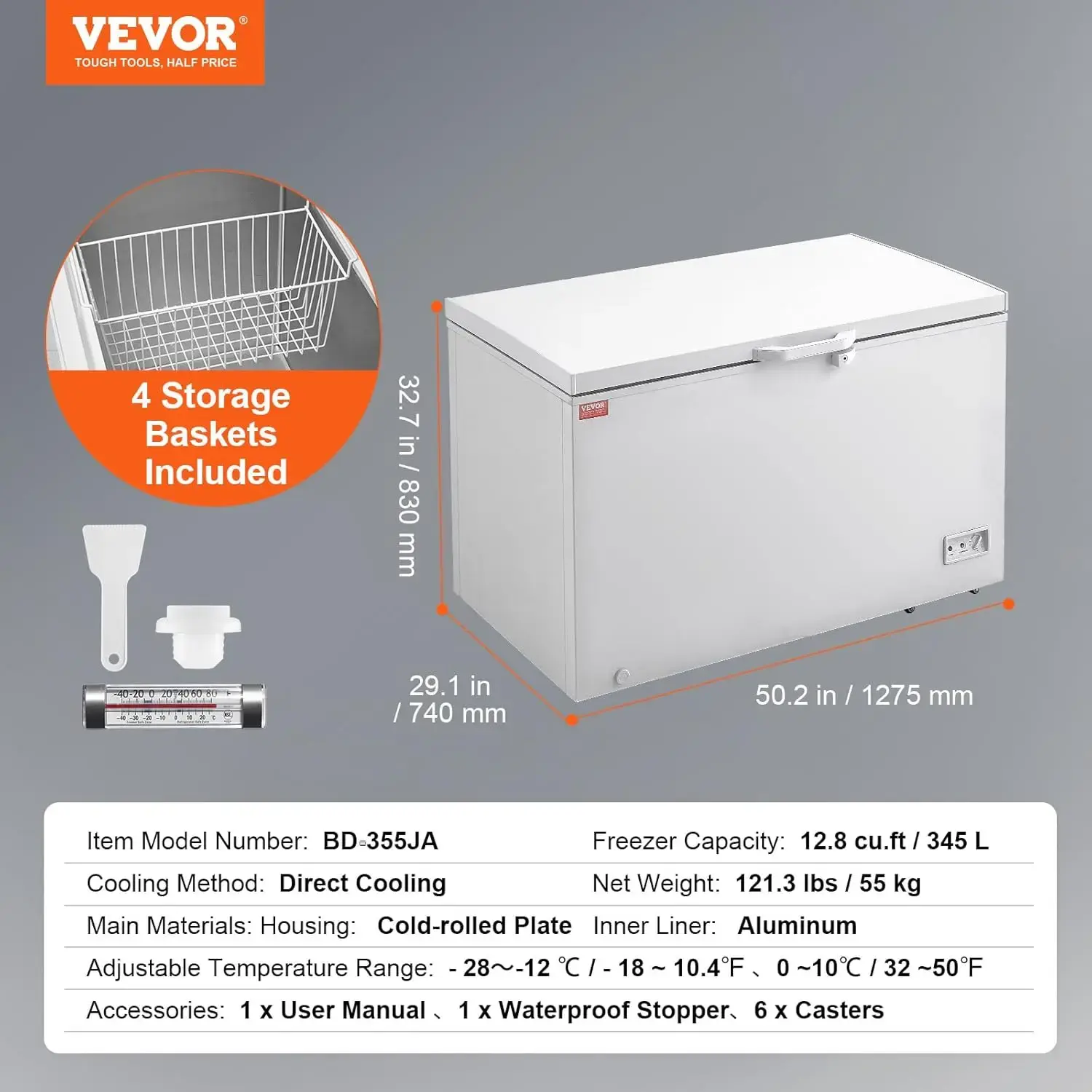 Chest Freezer, 12.8 Cu.ft / 345 L Large Deep Freezer & 4 Removable Baskets, Freestanding Top Open Door Commercial Chest Freezers