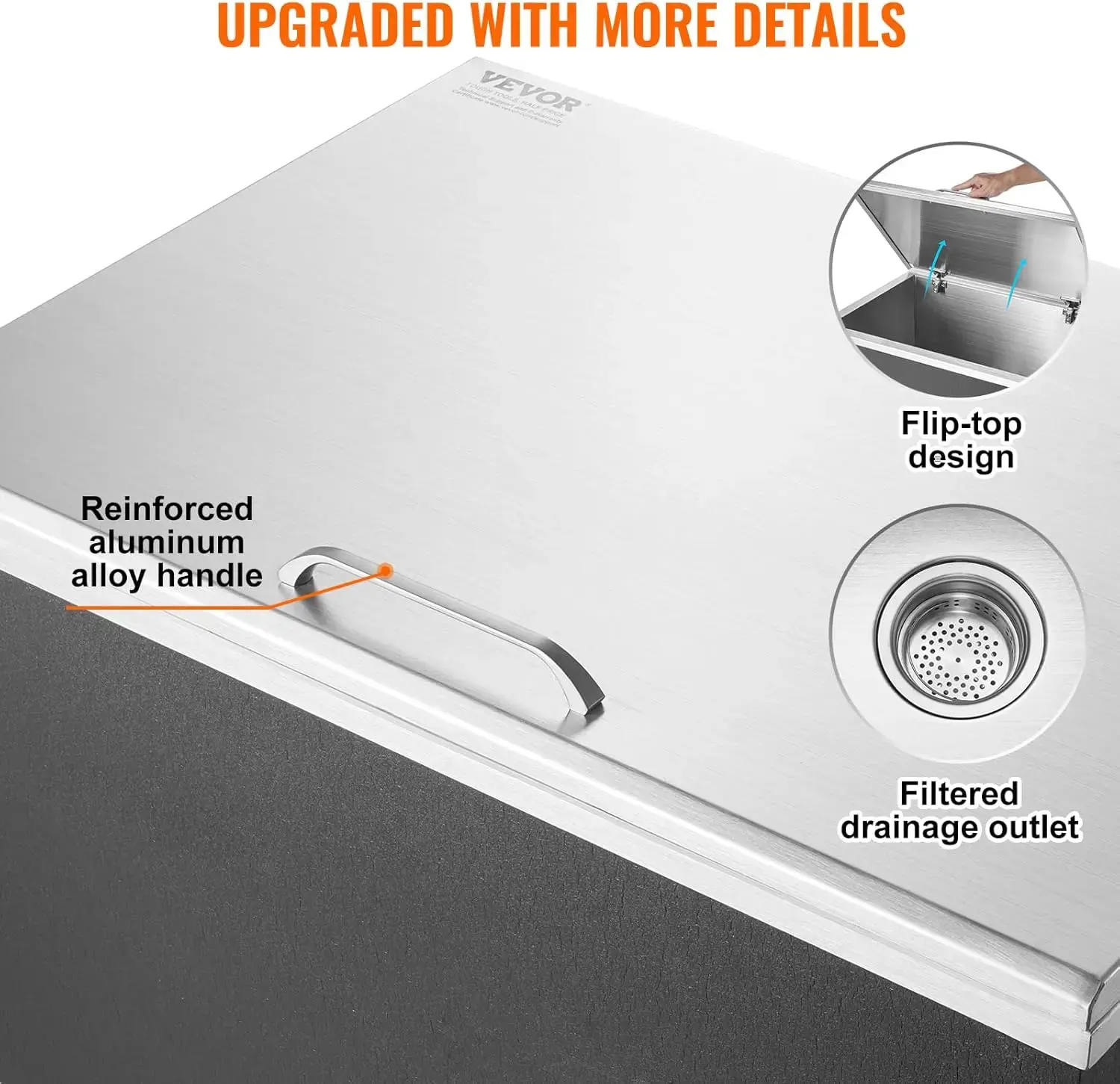 Drop in Ice Chest, 28" L x 20" W x 17" H Stainless Steel Ice Cooler, Commercial Ice Bin with Hinged Cover