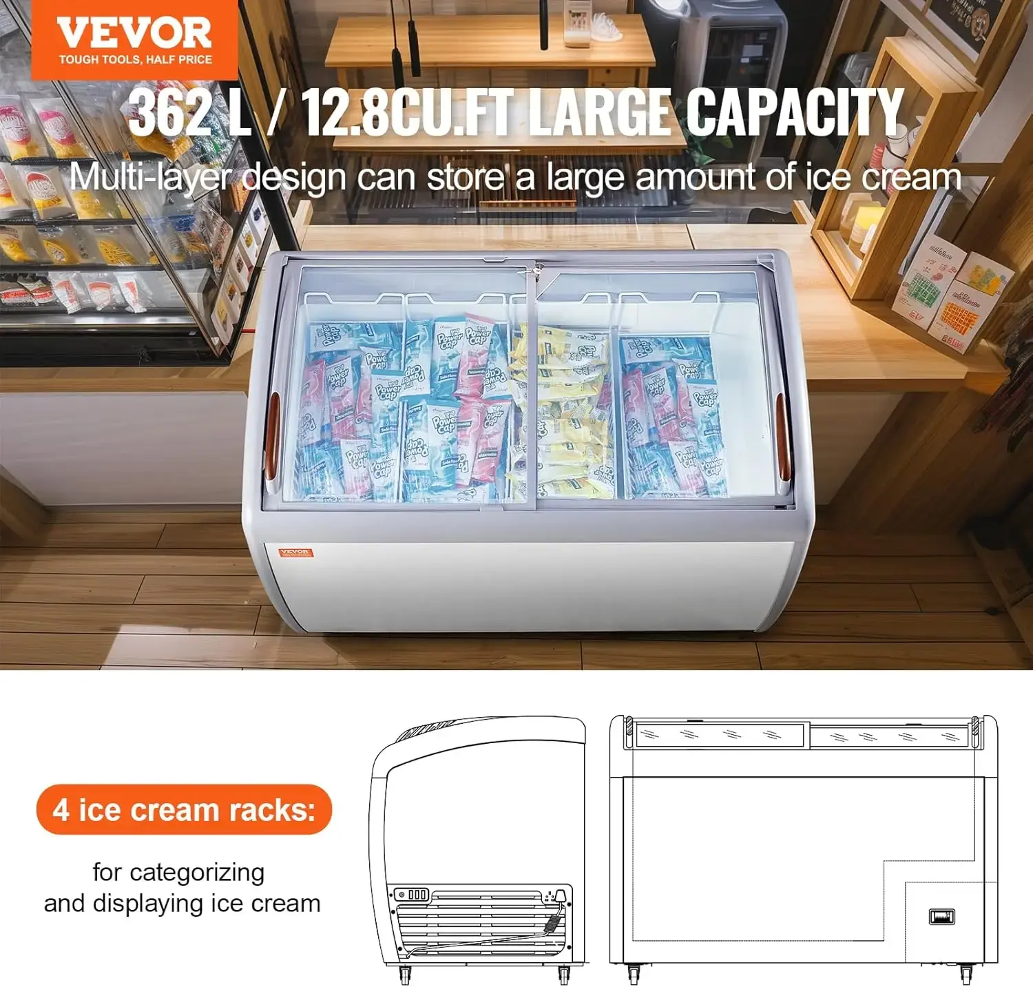 Commercial Ice Cream Display Case, 12.8 Cu.ft Chest Freezer, Mobile Glass Top Deep Freezer, Restaurant Gelato Dipping Cabinet