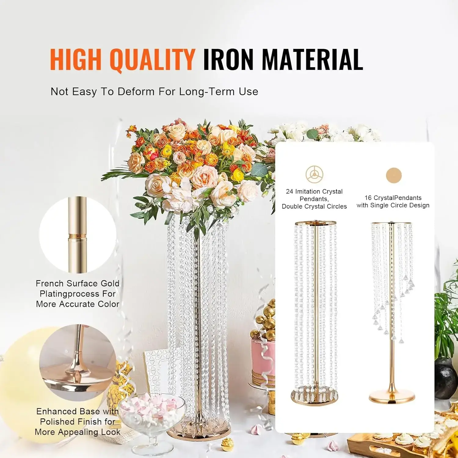 10PCS 35.43inch /90cm Tall Crystal Wedding Flowers Stand, Luxurious Centerpieces Flower Vases Crystal Gold Vase Metal