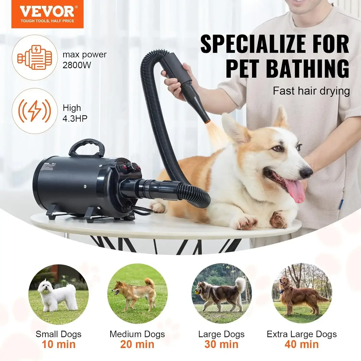 Dog Dryer, 2800W/4.3 HP Dog Blow Dryer, Pet Grooming Dryer with Adjustable Speed and Temperature Control