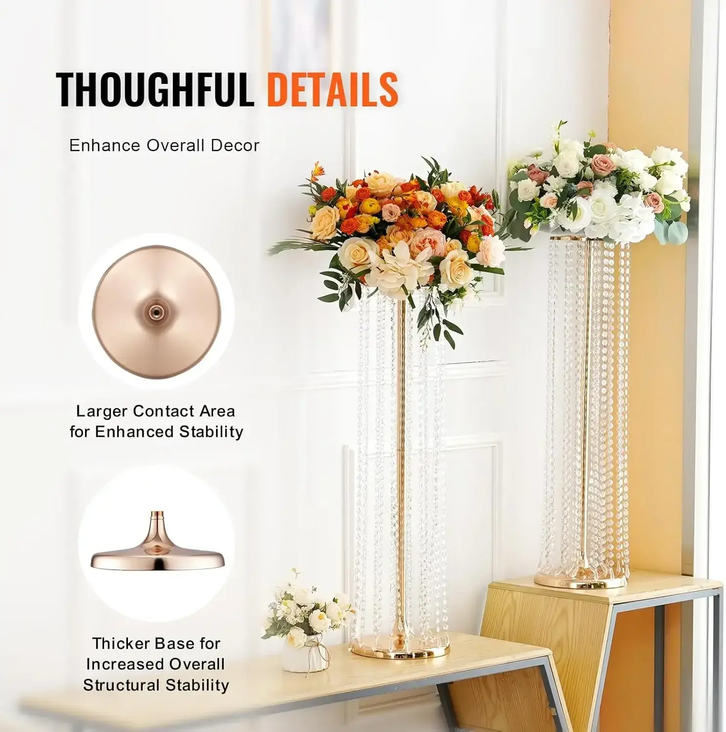 10PCS 35.43inch /90cm Tall Crystal Wedding Flowers Stand, Luxurious Centerpieces Flower Vases Crystal Gold Vase Metal