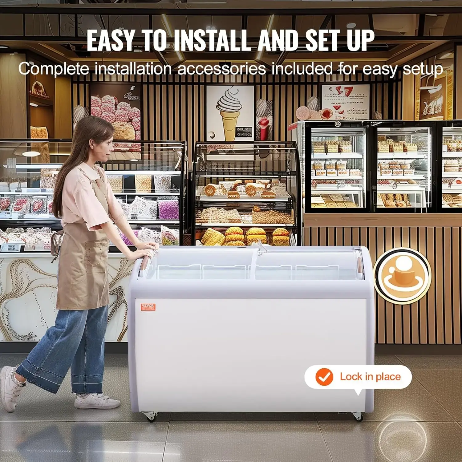 Commercial Ice Cream Display Case, 12.8 Cu.ft Chest Freezer, Mobile Glass Top Deep Freezer, Restaurant Gelato Dipping Cabinet