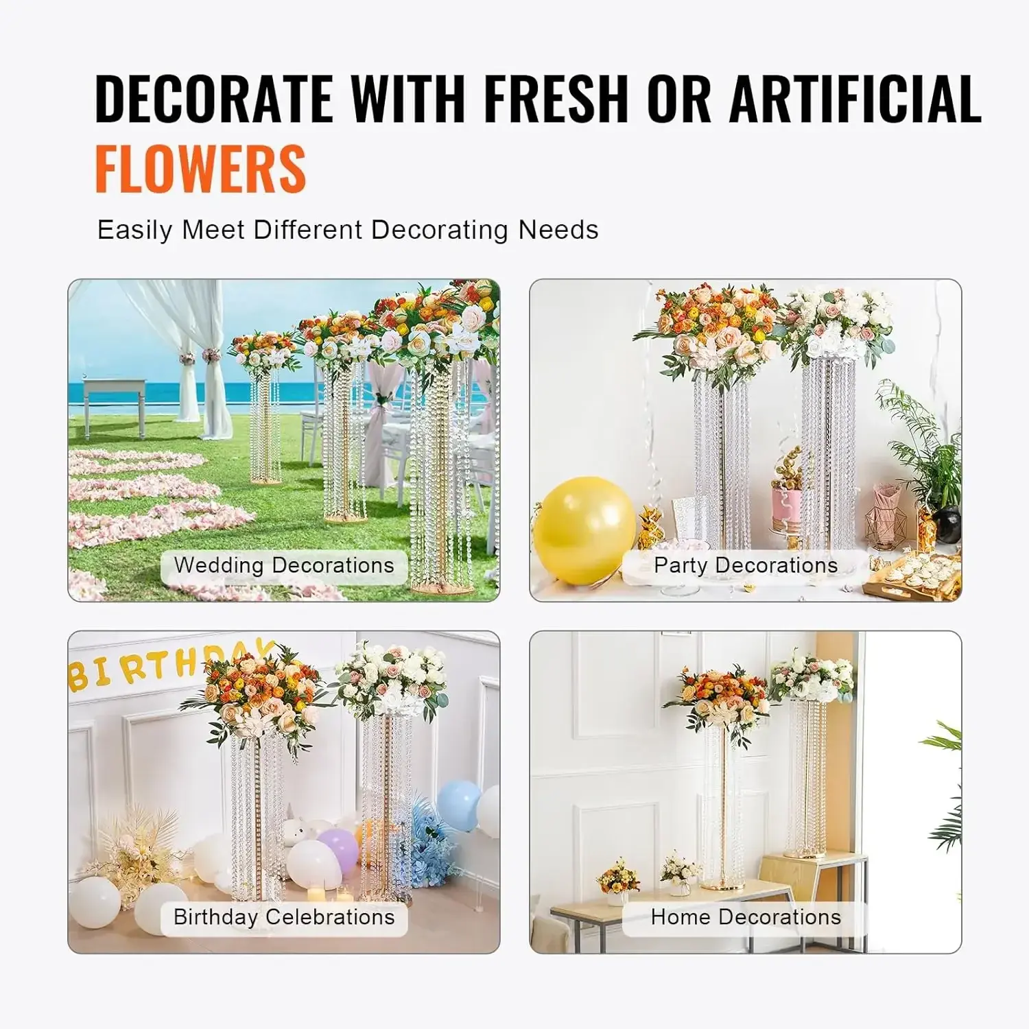 10PCS 35.43inch /90cm Tall Crystal Wedding Flowers Stand, Luxurious Centerpieces Flower Vases Crystal Gold Vase Metal