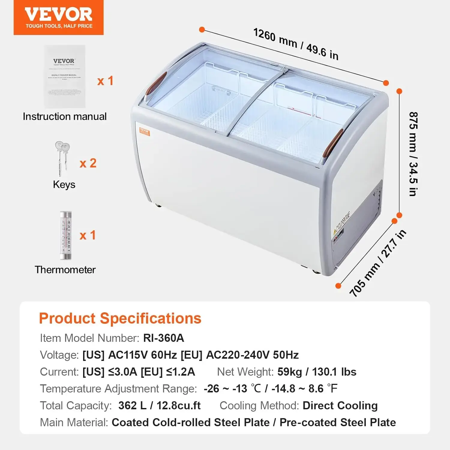 Commercial Ice Cream Display Case, 12.8 Cu.ft Chest Freezer, Mobile Glass Top Deep Freezer, Restaurant Gelato Dipping Cabinet