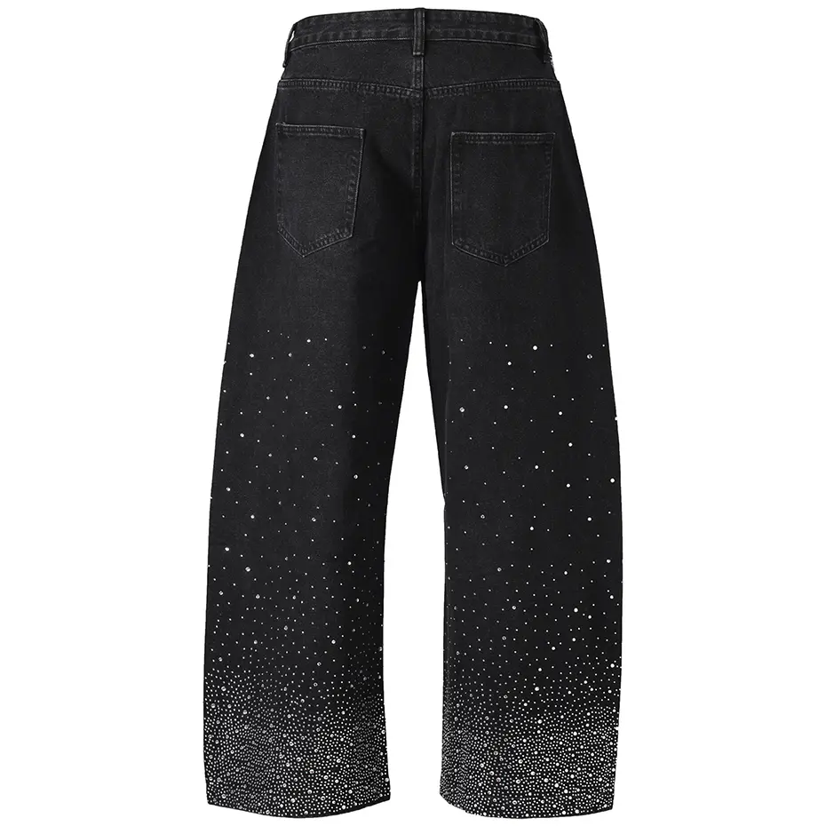 Diamond Rhinestone Jeans Men's Streetwear Harajuku Hip Hop Baggy Jeans Black Blue Loose Wide Leg Denim Pants