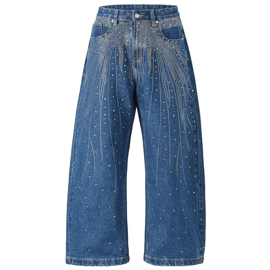 Diamond Rhinestone Jeans Men's Streetwear Harajuku Hip Hop Baggy Jeans Black Blue Loose Wide Leg Denim Pants