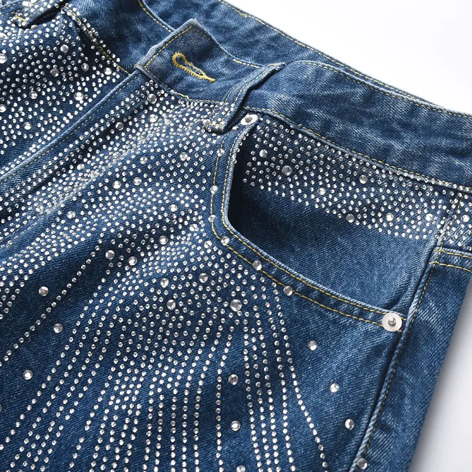 Diamond Rhinestone Jeans Men's Streetwear Harajuku Hip Hop Baggy Jeans Black Blue Loose Wide Leg Denim Pants