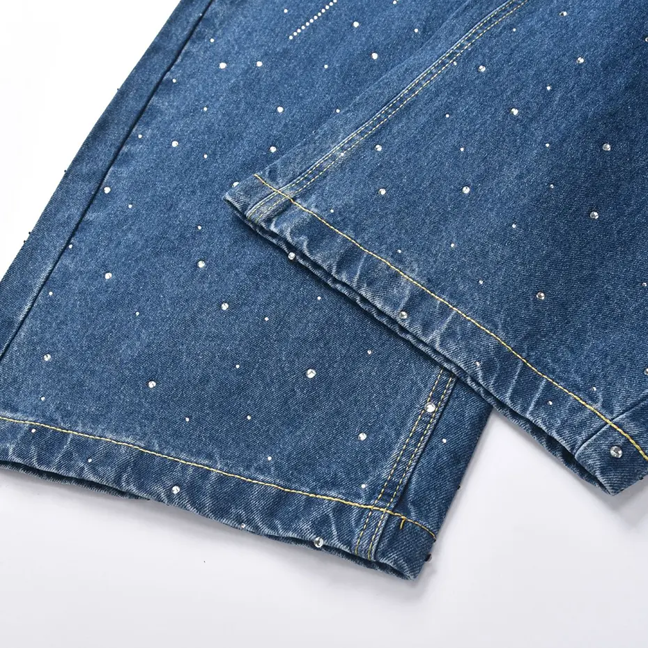 Diamond Rhinestone Jeans Men's Streetwear Harajuku Hip Hop Baggy Jeans Black Blue Loose Wide Leg Denim Pants