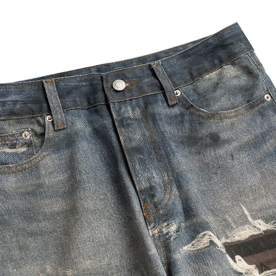 Leopard Printed Jeans Men's Vintage Blue Baggy Jeans Loose Casual Straight Denim Pants Streetwear Harajuku Jeans