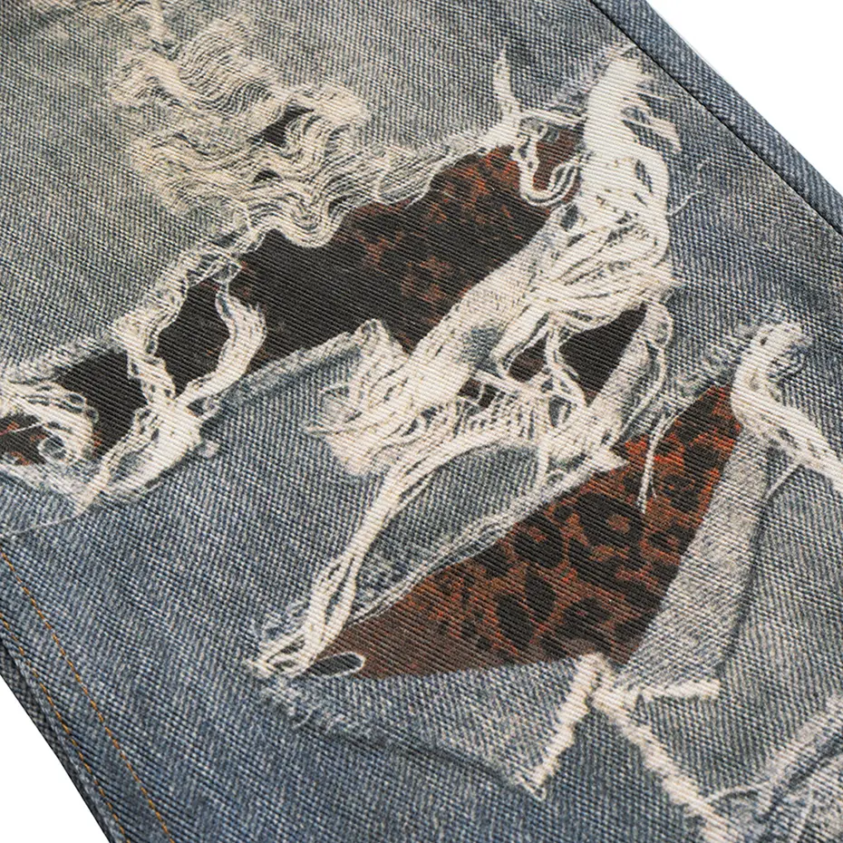 Leopard Printed Jeans Men's Vintage Blue Baggy Jeans Loose Casual Straight Denim Pants Streetwear Harajuku Jeans