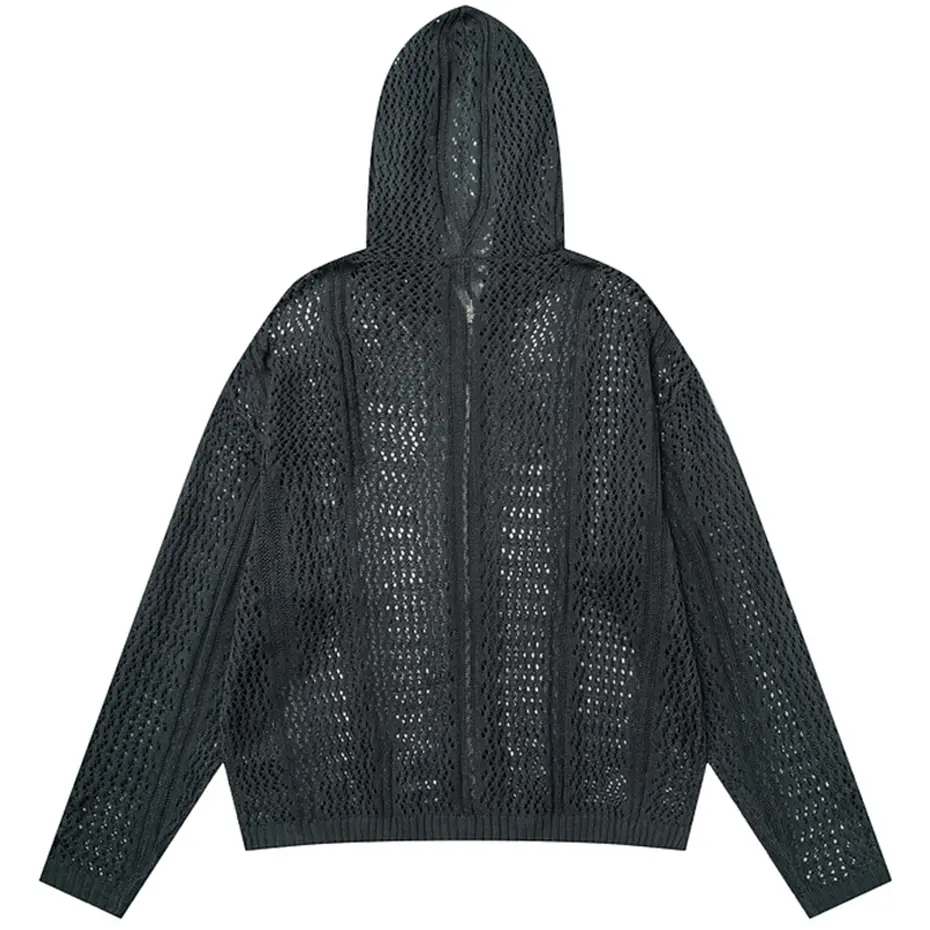 Hollow Out Hooded Sweaters Streetwear Harajuku Hip Hop Oversized Sweaters Knitted Cardigan Loose Casual Sweaters