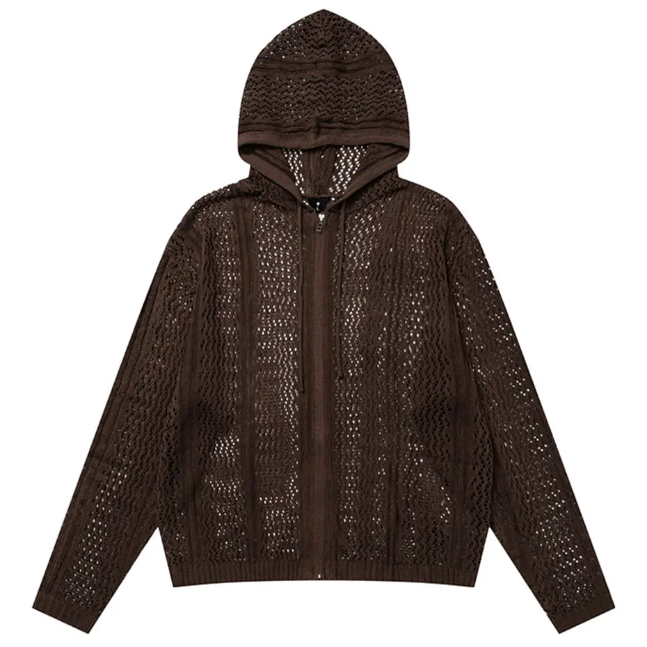 Hollow Out Hooded Sweaters Streetwear Harajuku Hip Hop Oversized Sweaters Knitted Cardigan Loose Casual Sweaters