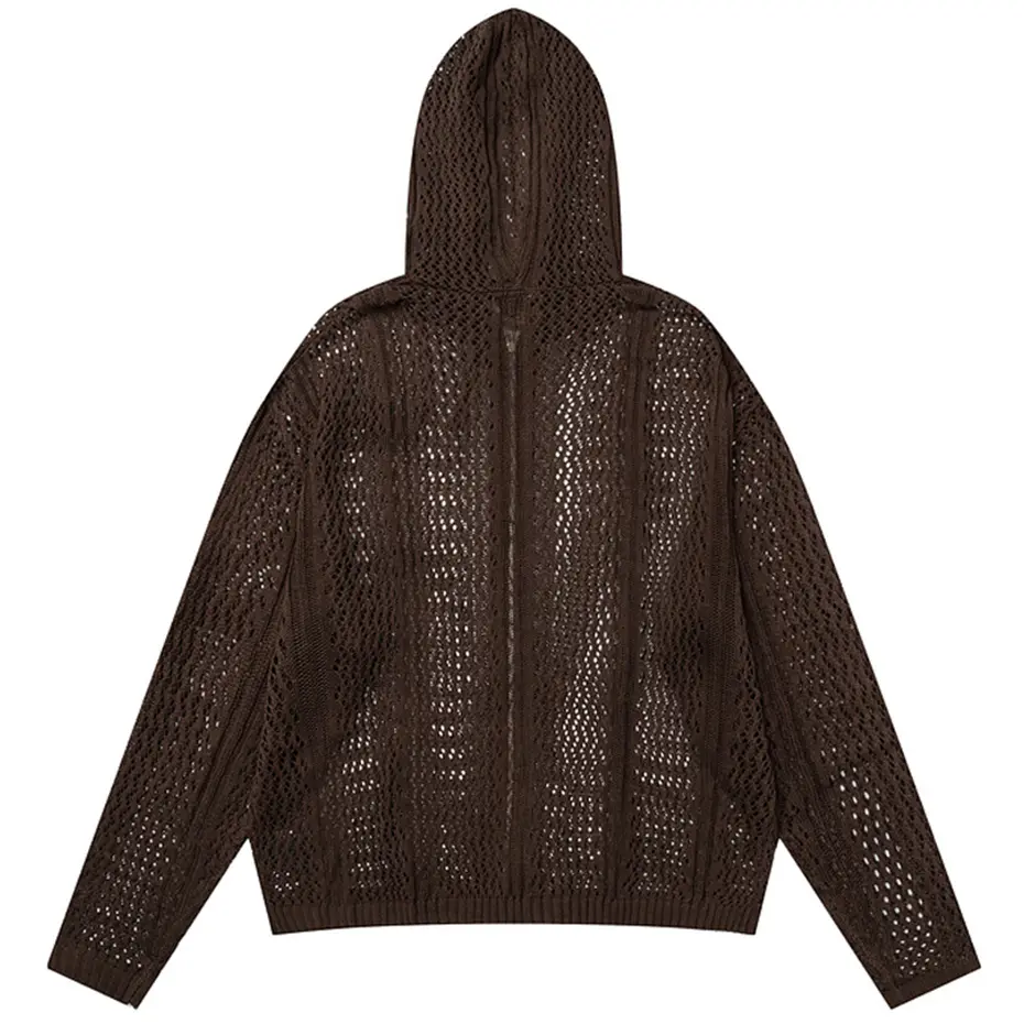 Hollow Out Hooded Sweaters Streetwear Harajuku Hip Hop Oversized Sweaters Knitted Cardigan Loose Casual Sweaters
