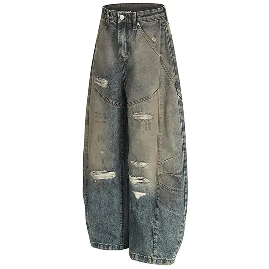 Vintage Ripped Baggy Jeans Men Blue Loose Wide Leg Denim Pants Streetwear Harajuku Hip Hop Jeans