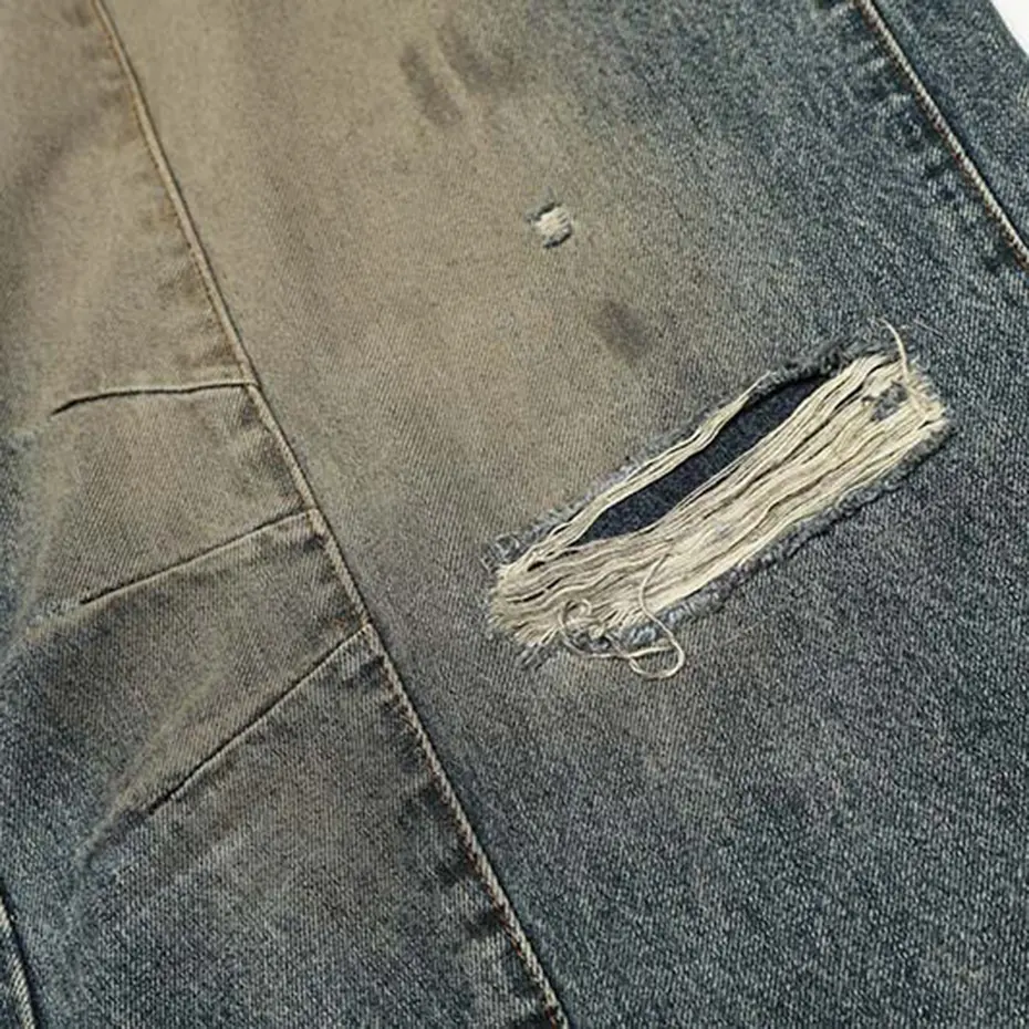 Vintage Ripped Baggy Jeans Men Blue Loose Wide Leg Denim Pants Streetwear Harajuku Hip Hop Jeans