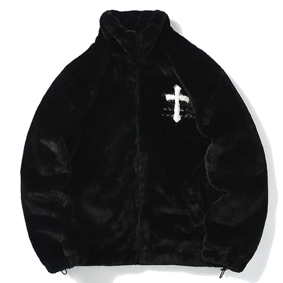 Cross Embroidery Fleece Jacket Men Streetwear Harajuku Hip Hop Oversized Fluffy Fuzzy Jackets Zipper Coat Black White Clothing