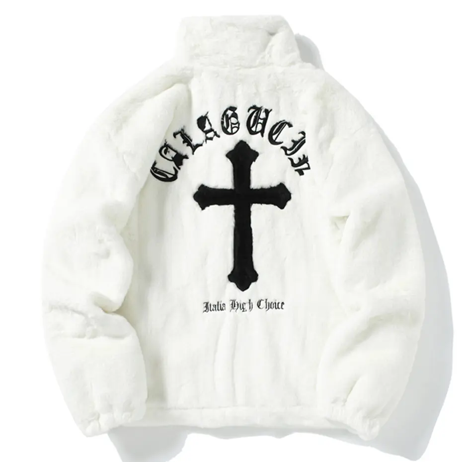 Cross Embroidery Fleece Jacket Men Streetwear Harajuku Hip Hop Oversized Fluffy Fuzzy Jackets Zipper Coat Black White Clothing