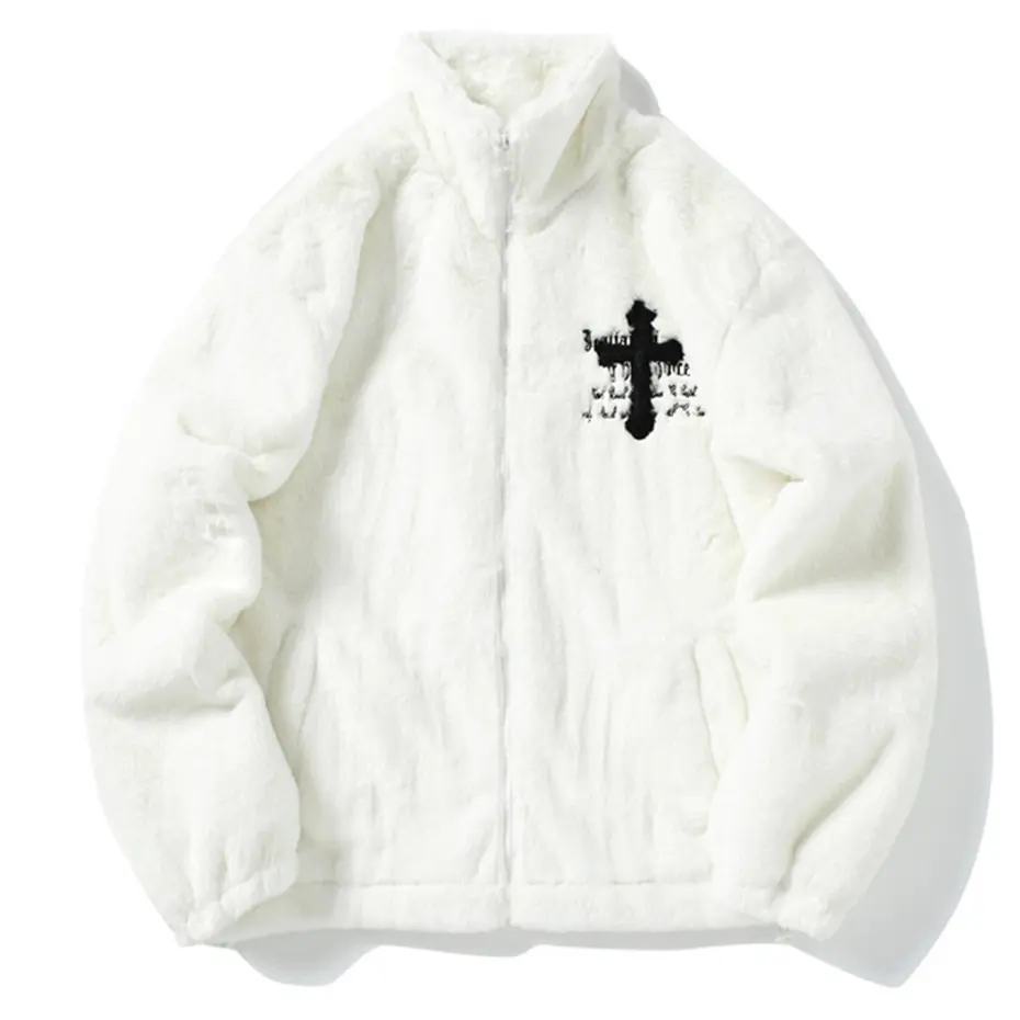 Cross Embroidery Fleece Jacket Men Streetwear Harajuku Hip Hop Oversized Fluffy Fuzzy Jackets Zipper Coat Black White Clothing
