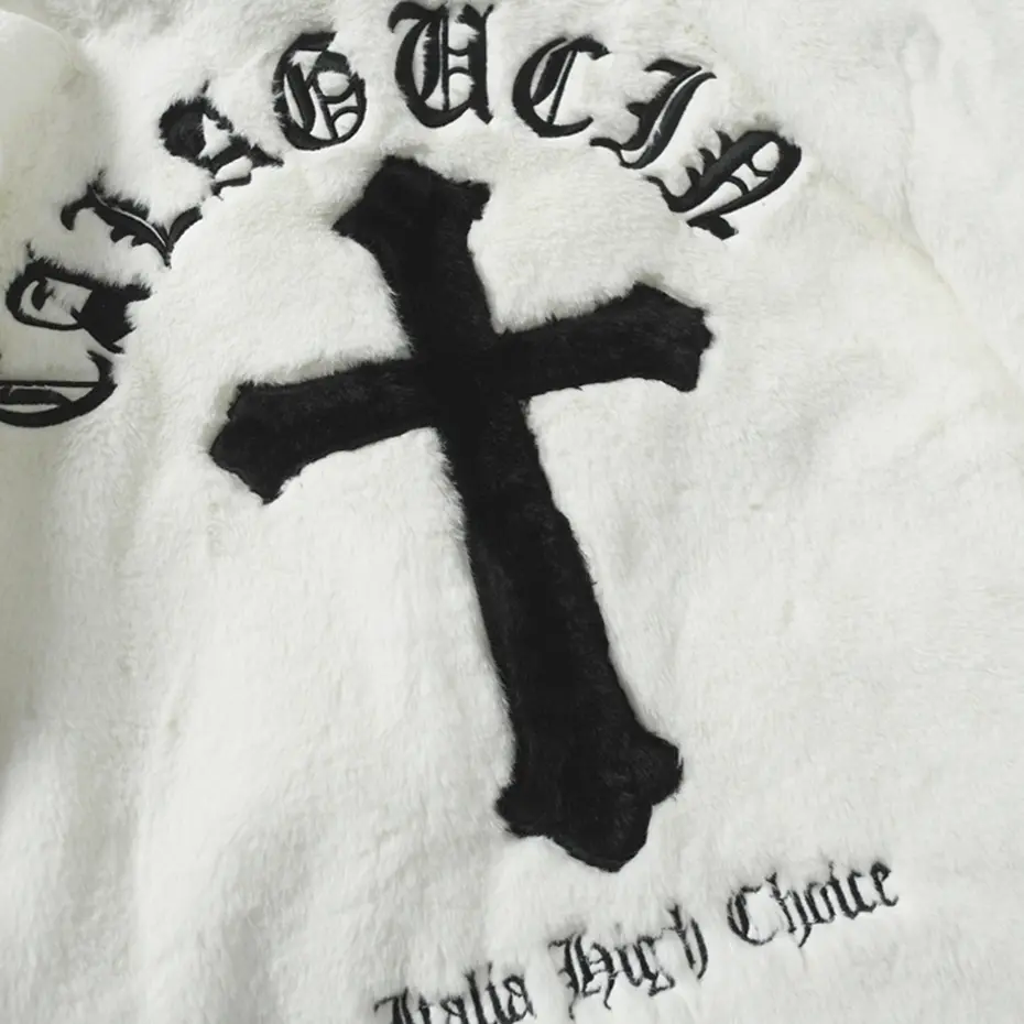 Cross Embroidery Fleece Jacket Men Streetwear Harajuku Hip Hop Oversized Fluffy Fuzzy Jackets Zipper Coat Black White Clothing