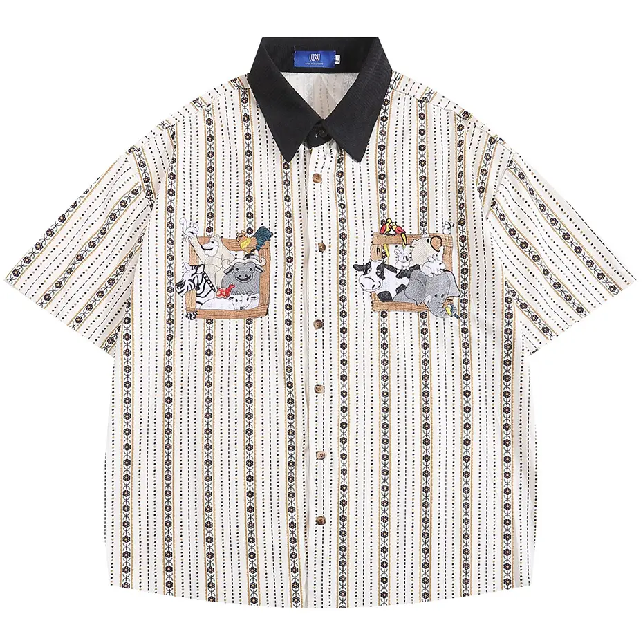 Cartoon Embroidery Vintage Shirts Japanese Harajuku Shirts Summer Loose Short Sleeve Button Up Blouse Y2K Shirts