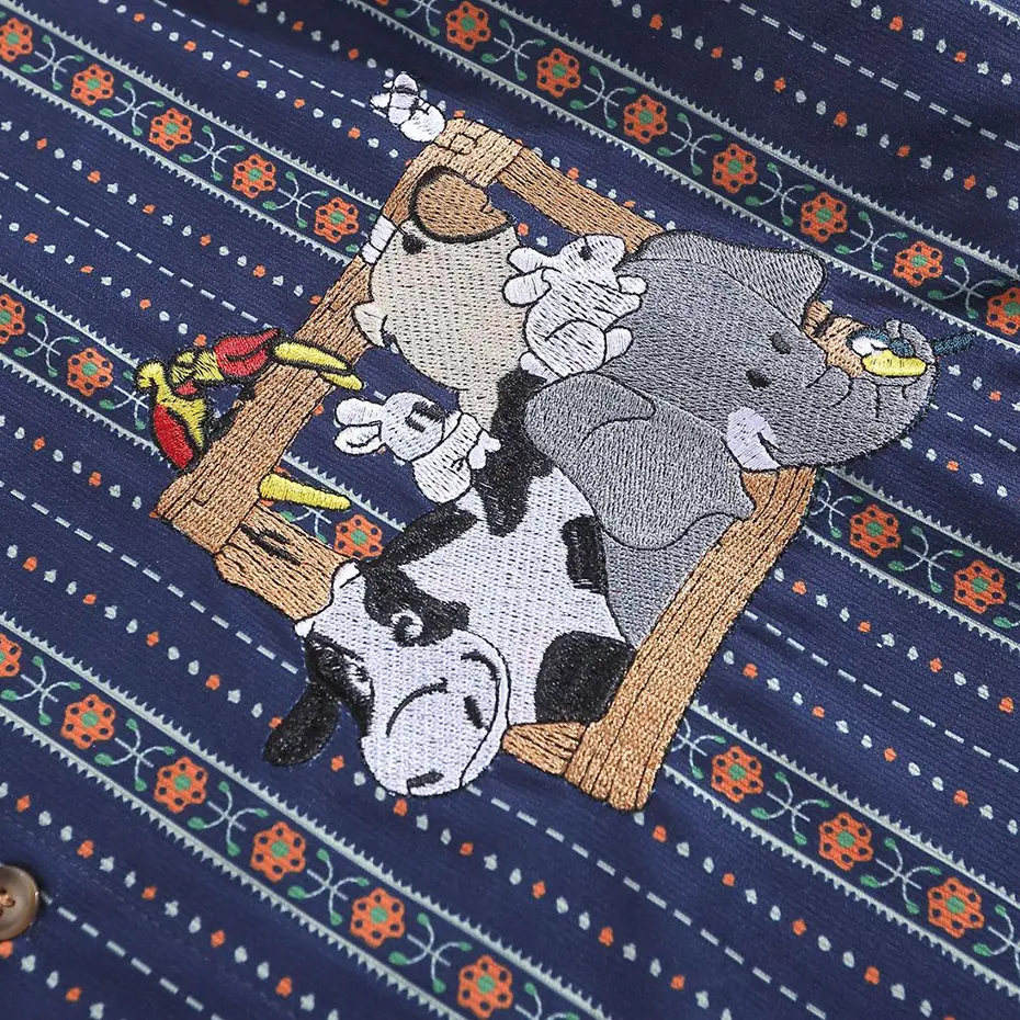 Cartoon Embroidery Vintage Shirts Japanese Harajuku Shirts Summer Loose Short Sleeve Button Up Blouse Y2K Shirts