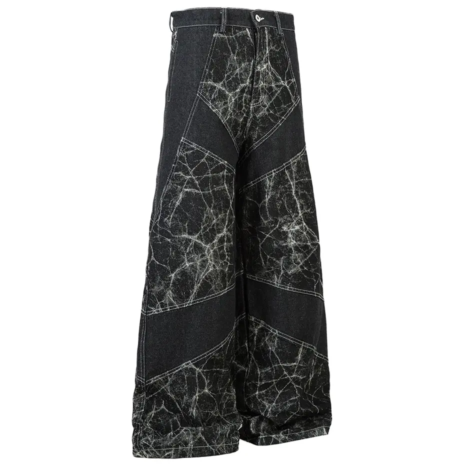 Streetwear Hip Hop Baggy Jeans Irregular Patchwork Black Wide Leg Flared Denim Pants Casual Loose Jeans