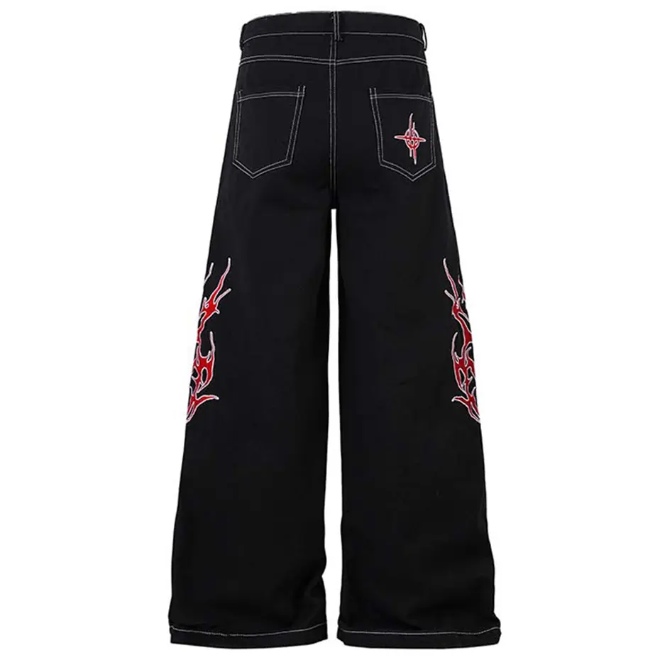 Flame Embroidery Baggy Jeans Men Black Loose Straight Denim Pants Streetwear Harajuku Hip Hop Jeans Trousers Unisex
