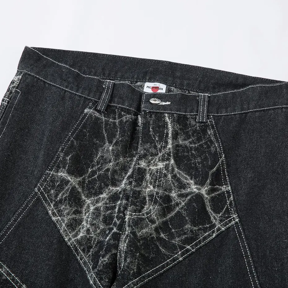 Streetwear Hip Hop Baggy Jeans Irregular Patchwork Black Wide Leg Flared Denim Pants Casual Loose Jeans