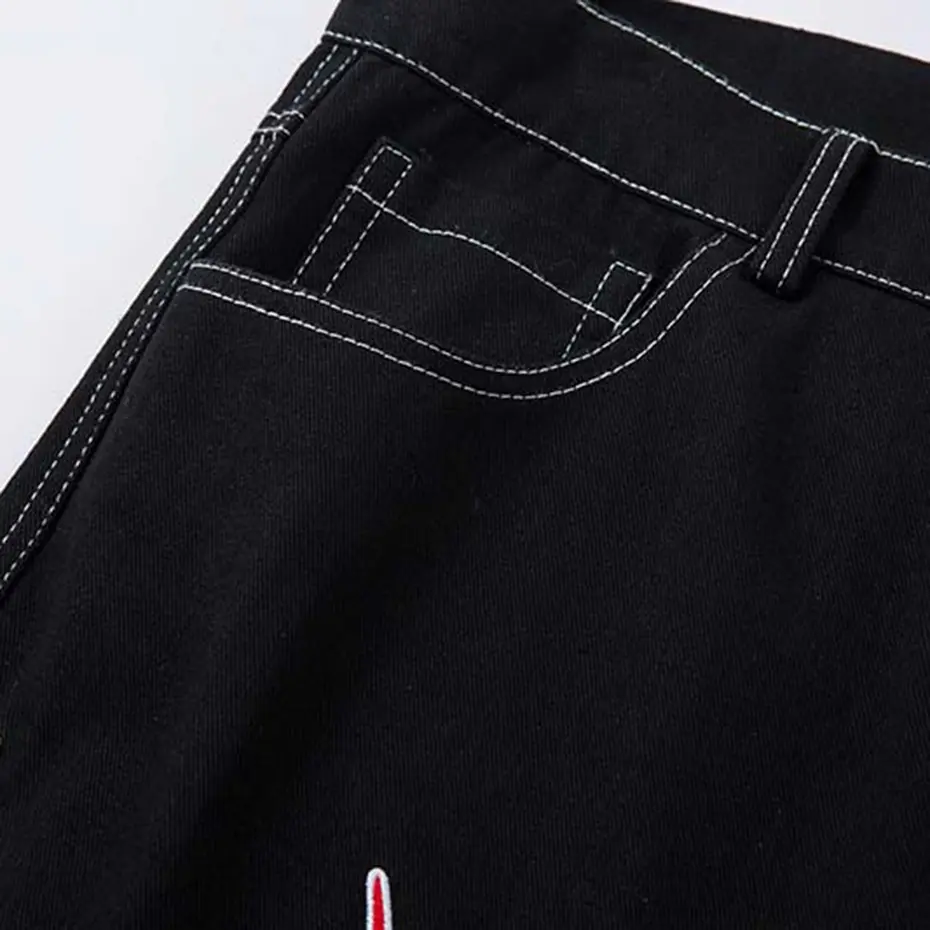 Flame Embroidery Baggy Jeans Men Black Loose Straight Denim Pants Streetwear Harajuku Hip Hop Jeans Trousers Unisex