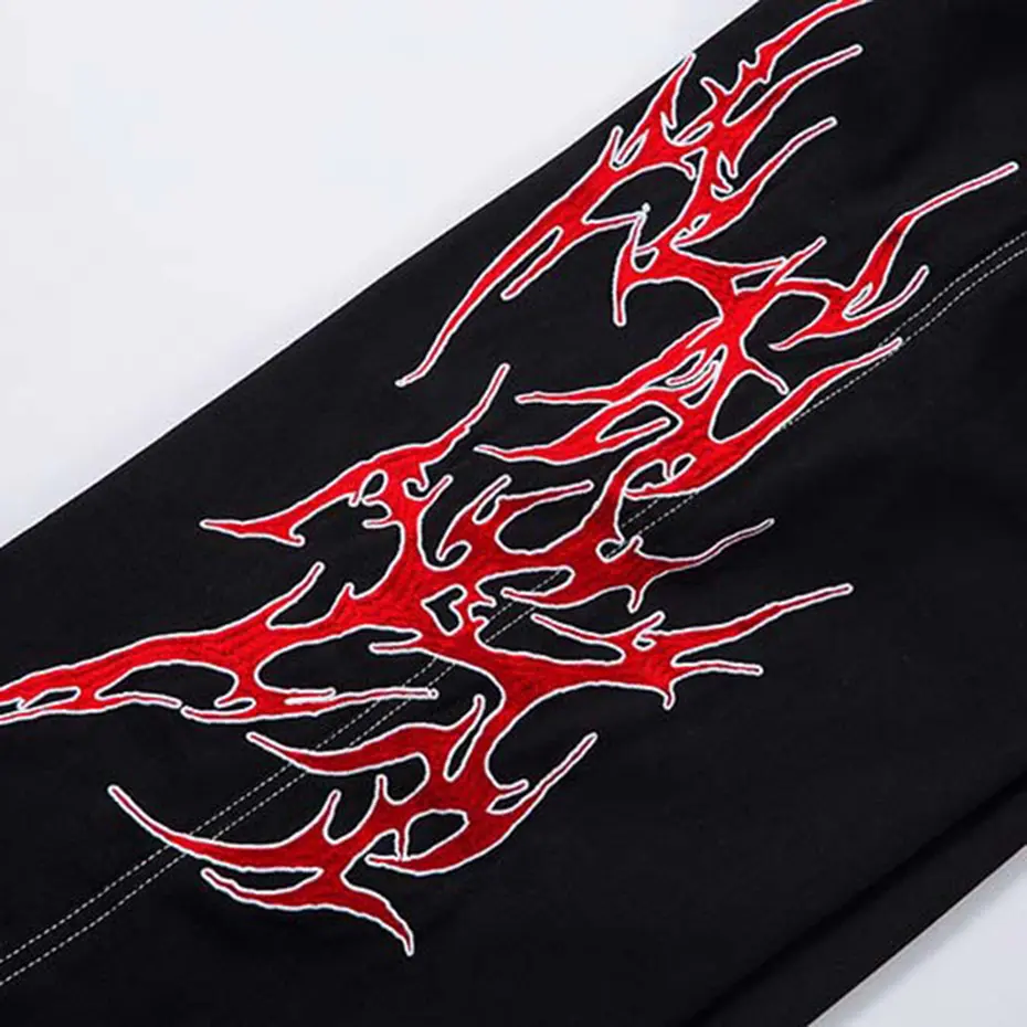 Flame Embroidery Baggy Jeans Men Black Loose Straight Denim Pants Streetwear Harajuku Hip Hop Jeans Trousers Unisex
