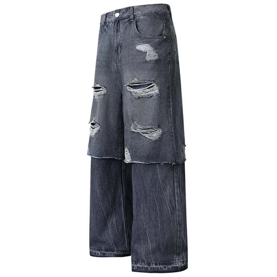 Vintage Ripped Baggy Jeans Men's Fake Two Piece Loose Straight Denim Pants Streetwear Harajuku Hip Hop Jeans