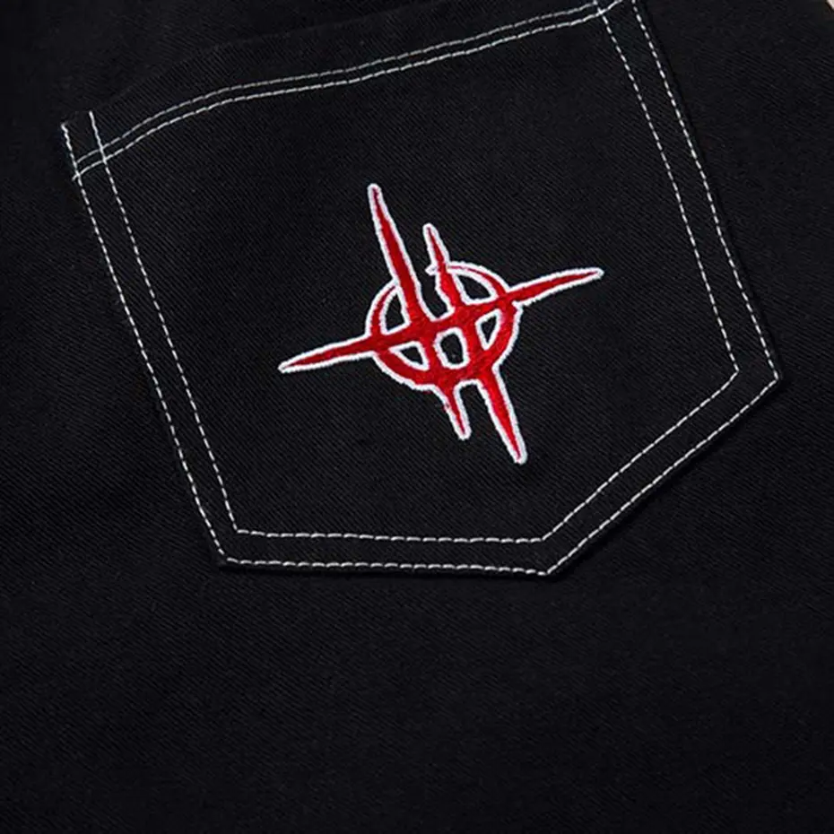 Flame Embroidery Baggy Jeans Men Black Loose Straight Denim Pants Streetwear Harajuku Hip Hop Jeans Trousers Unisex