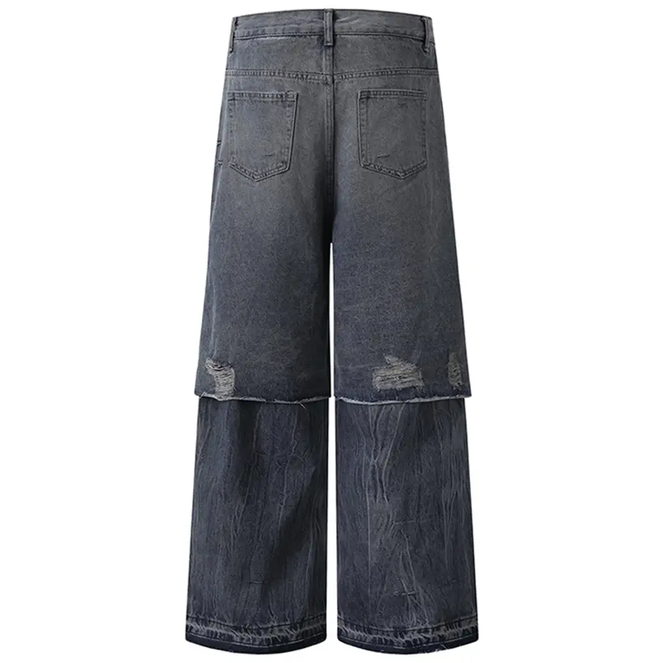 Vintage Ripped Baggy Jeans Men's Fake Two Piece Loose Straight Denim Pants Streetwear Harajuku Hip Hop Jeans