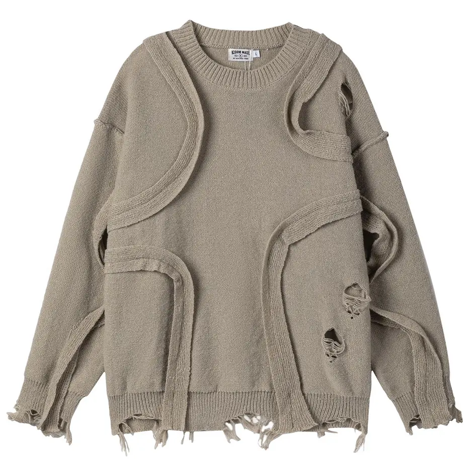 Striped Patchwork Hip Hop Sweater Ripped Loose Knit Jumper Pullover Sweaters Men Streetwear Harajuku Oversized Sweaters