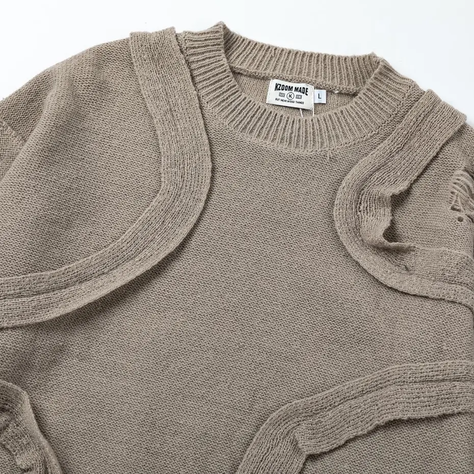Striped Patchwork Hip Hop Sweater Ripped Loose Knit Jumper Pullover Sweaters Men Streetwear Harajuku Oversized Sweaters