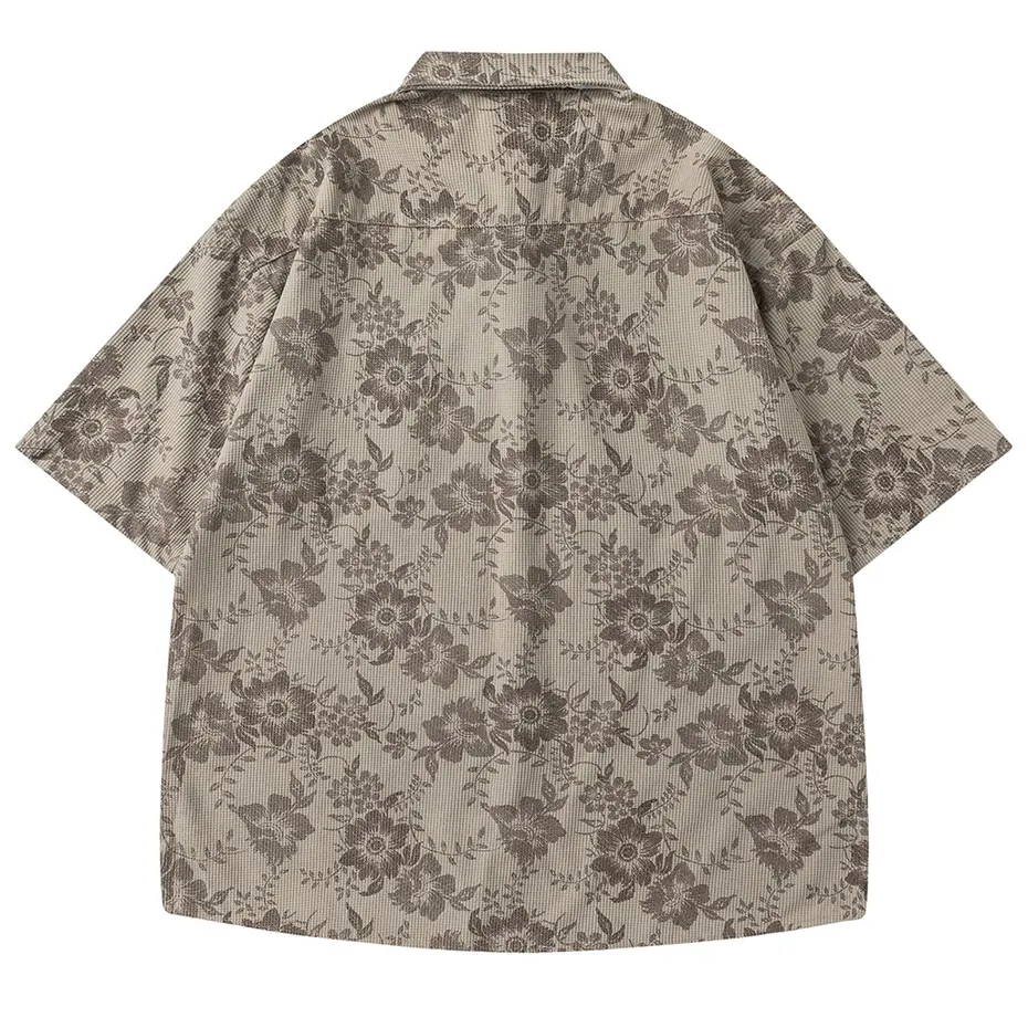 Vintage Flower Graphi Shirts with Necktie Japan Style Shirts Short Sleeve Button Up Blouse Summer Casual Loose Shirts