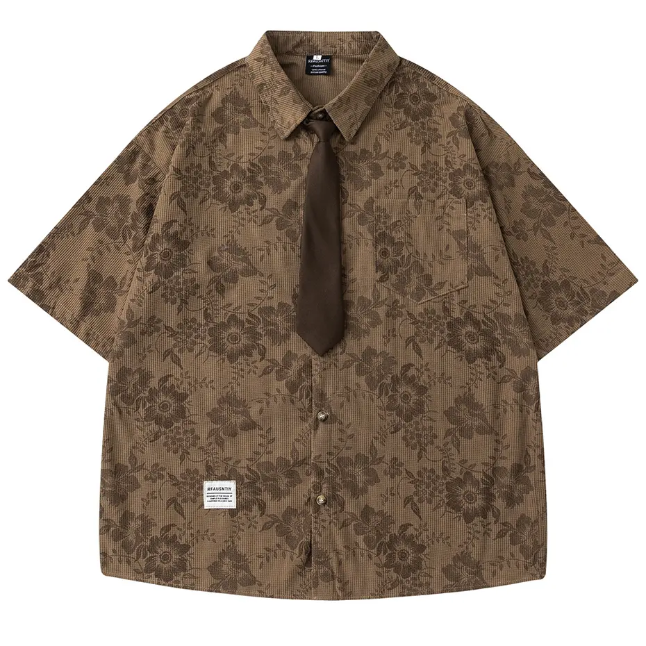 Vintage Flower Graphi Shirts with Necktie Japan Style Shirts Short Sleeve Button Up Blouse Summer Casual Loose Shirts