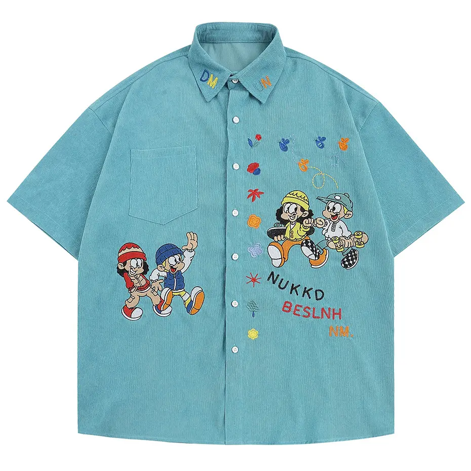 Cartoon Embroidery Shirts Japan Style Vintage Shirts Loose Casual Short Sleeve Button Up Blouse Streetwear Harajuku Y2K Shirts