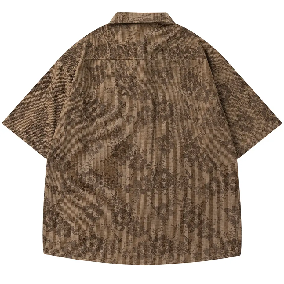 Vintage Flower Graphi Shirts with Necktie Japan Style Shirts Short Sleeve Button Up Blouse Summer Casual Loose Shirts